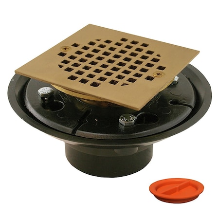 Jones Stephens 2inX3in ABS Shower Drain with 2in Brass Spud and 4in Square Polished Brass Strainer with Test Plug D50153TP